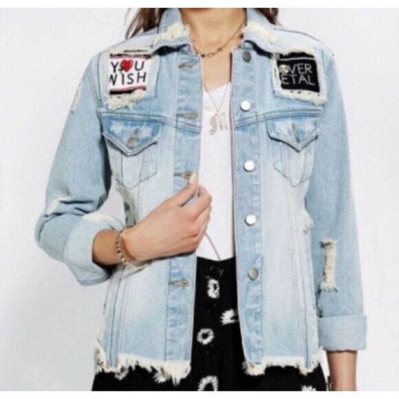 UNIF Light Wash Denim Jacket Size M You Wish For Never Retro Punk Princess - Picture 7 of 10